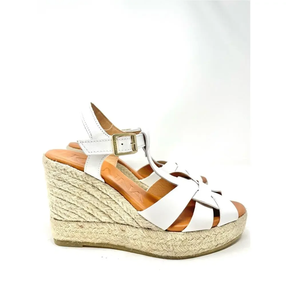 NEW KANNA Made In Spain White Leather Espadrille Wedge Sandals Size 6, EU 36